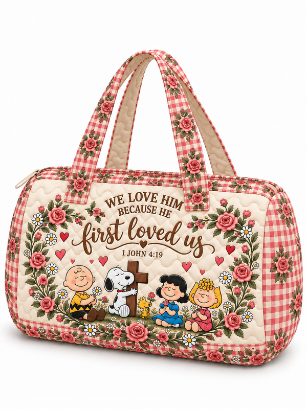 He First Loved Us 1 John 4:19 Christian Gift For Her - Personalized Quilted Duffle Bag