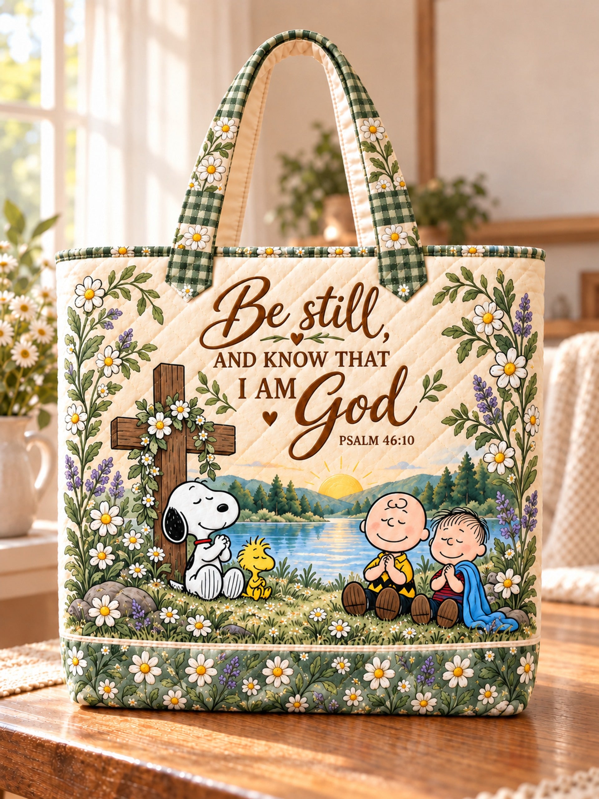 god beloved be still and know psalm 46 10 nutty gang christian gift for her personalized quilted tote bag on table