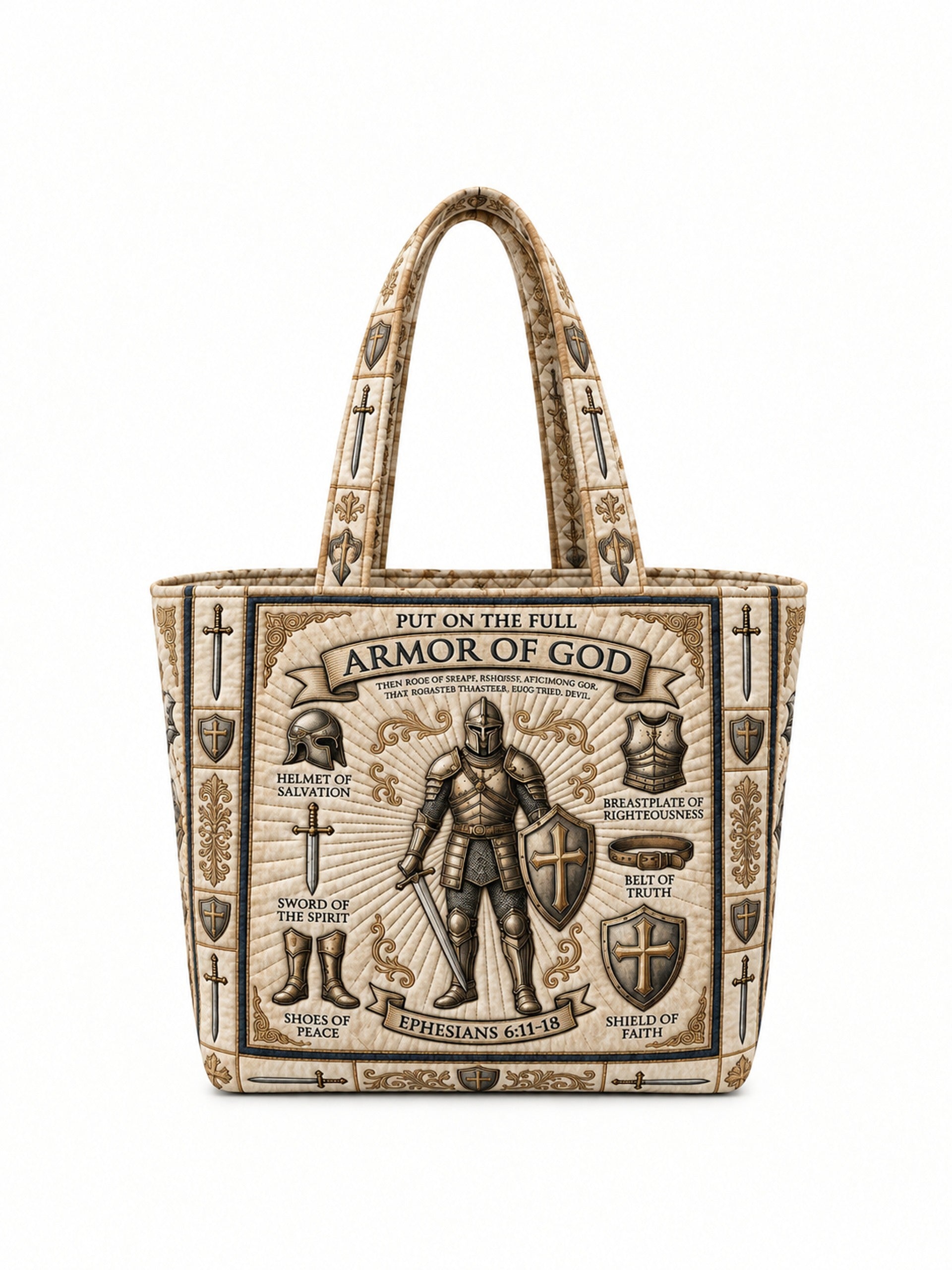 god beloved full armor of god ephesians 6 11 18 christian knight gift for her personalized quilted tote bag