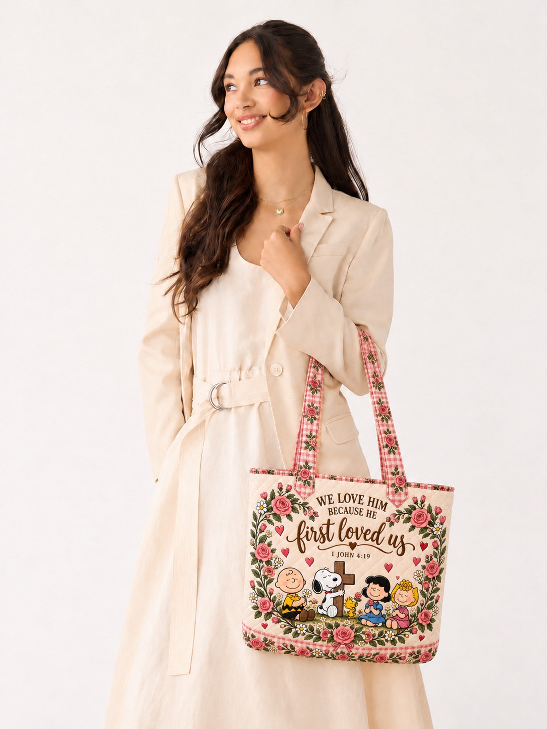 god beloved he first loved us 1 john 4 19 nutty gang christian gift for her personalized quilted tote bag lifestyle