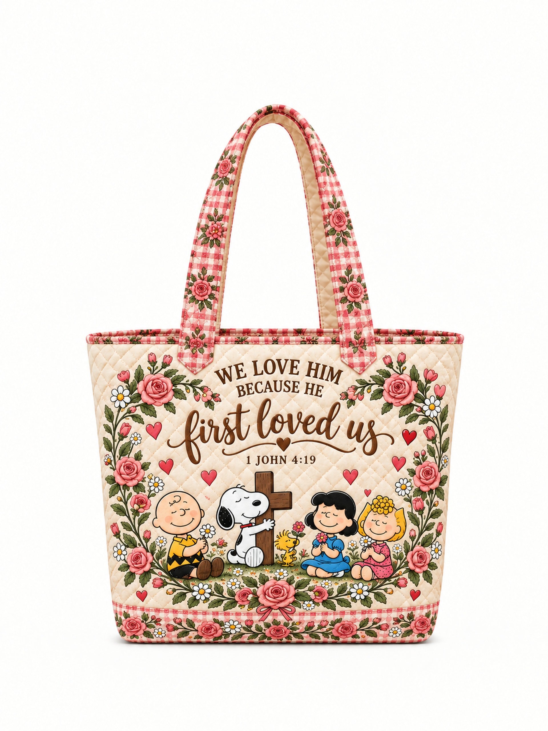 god beloved he first loved us 1 john 4 19 nutty gang christian gift for her personalized quilted tote bag