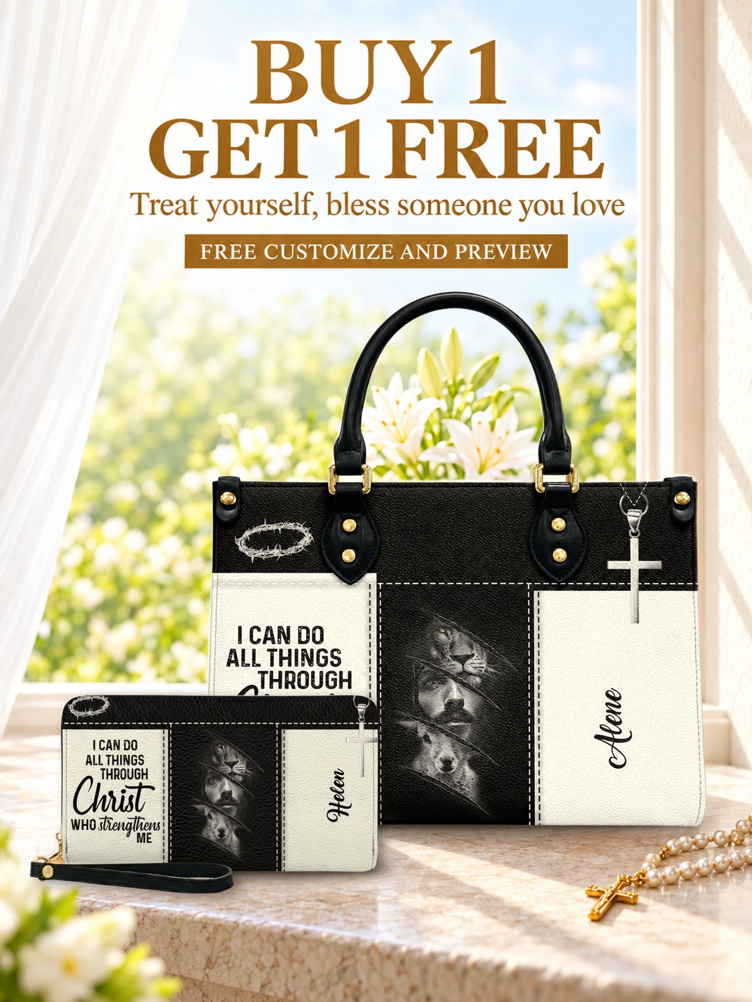 god beloved i can do all things through christ leather handbag deal free wallet buy 1 get 1 free