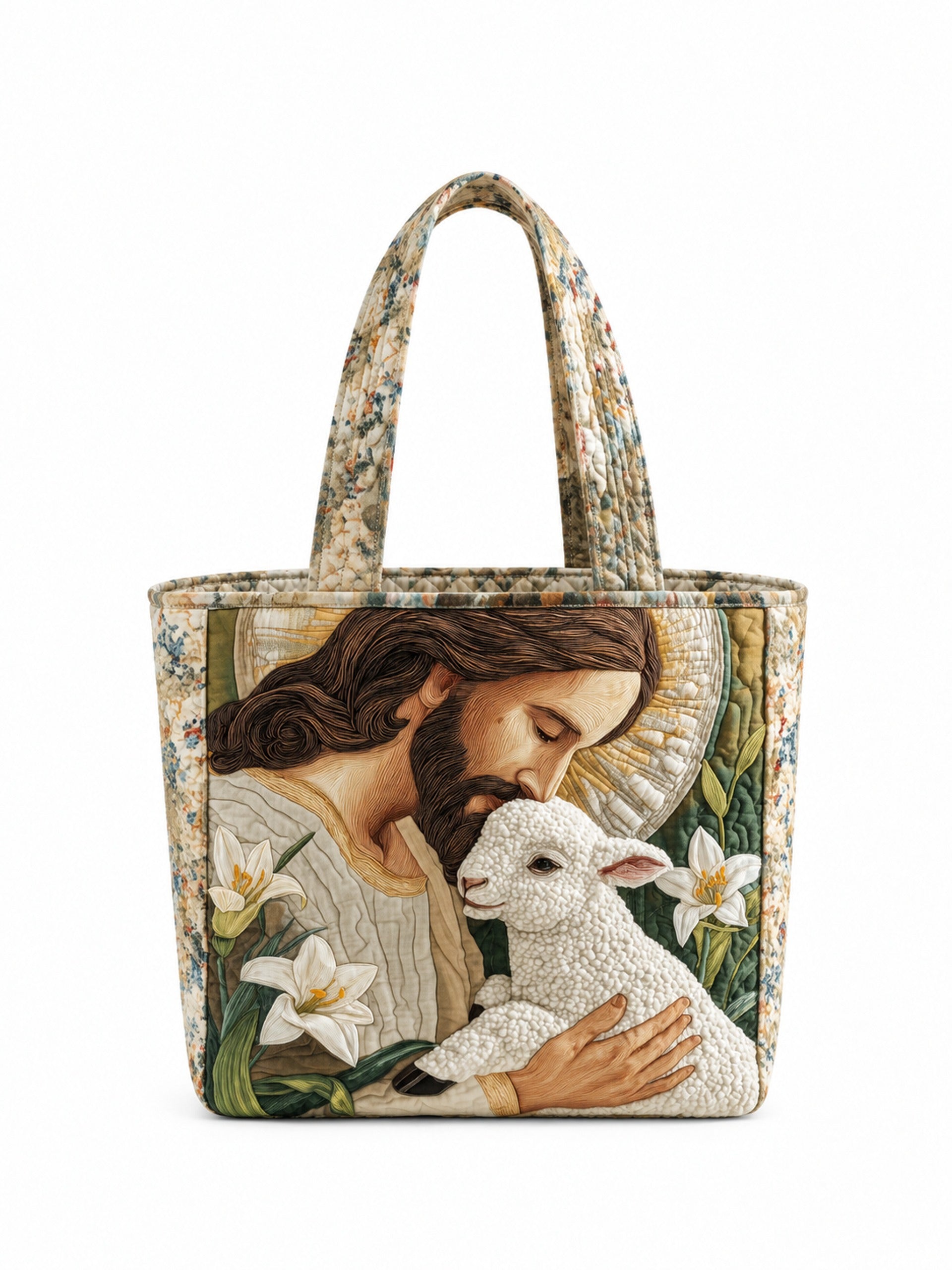 god beloved jesus good shepherd holding lamb easter lily christian gift for her personalized quilted tote bag