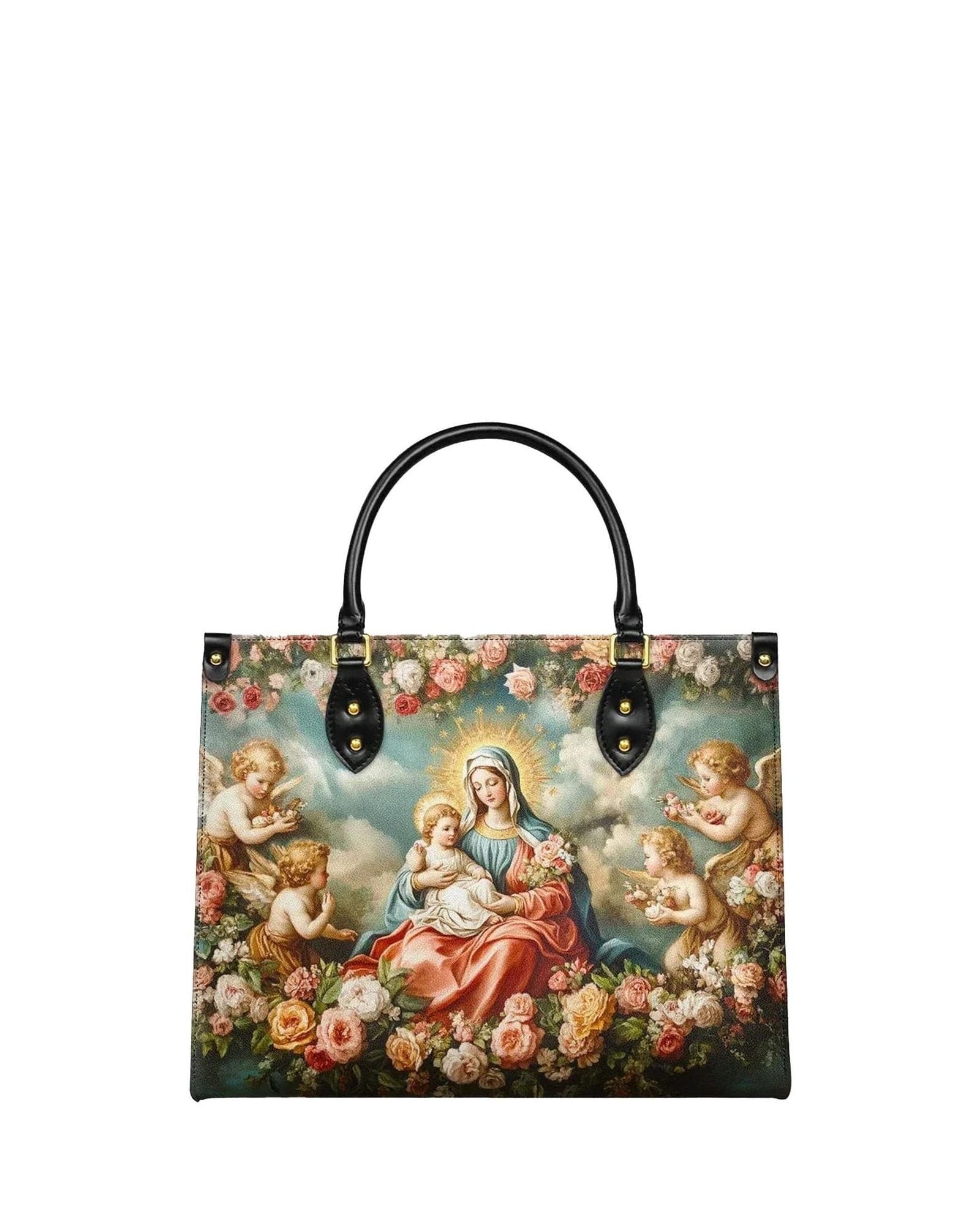 god beloved madonna and child angel halo of roses christian leather handbag