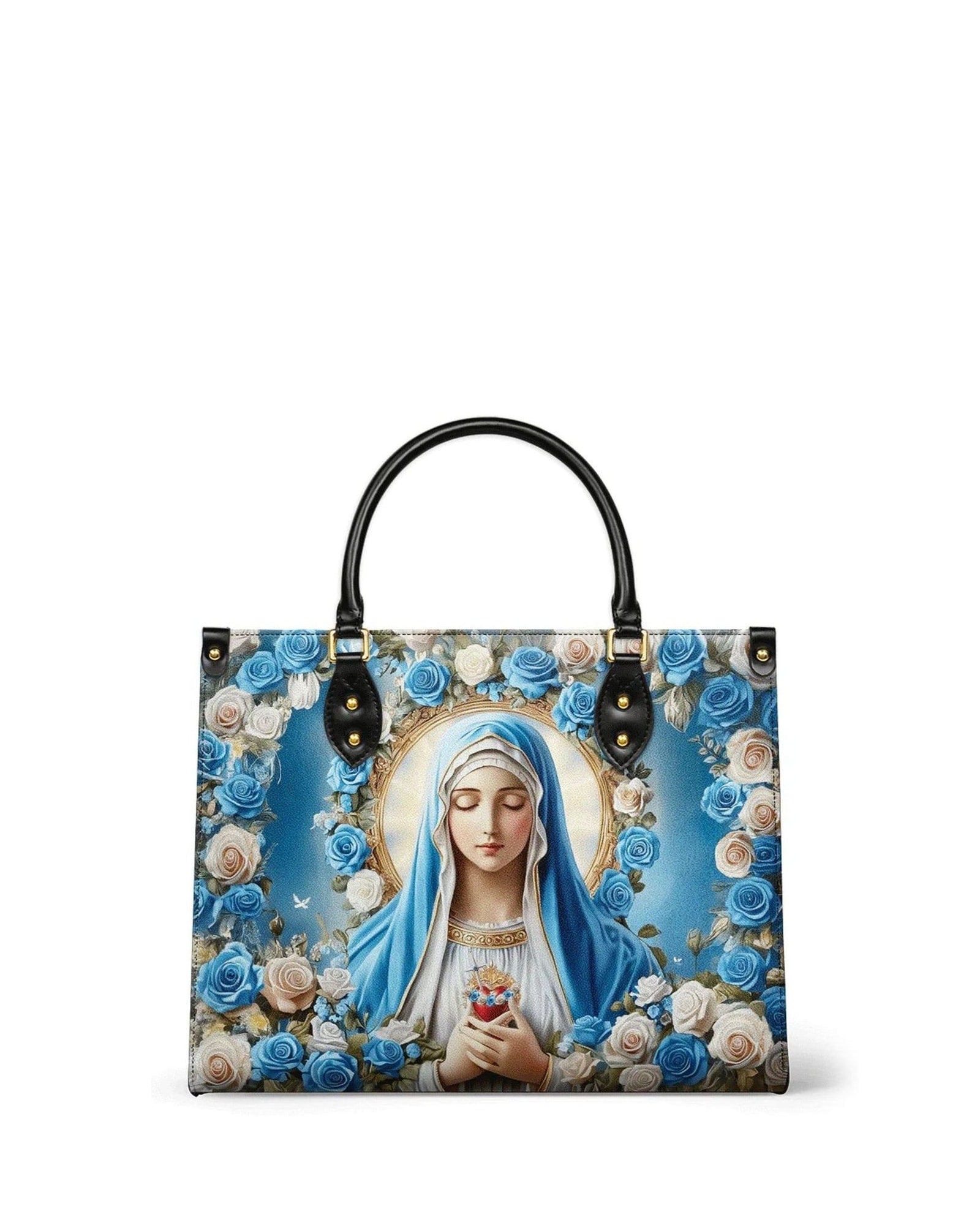 god beloved our lady of grace with blue rose christian leather handbag