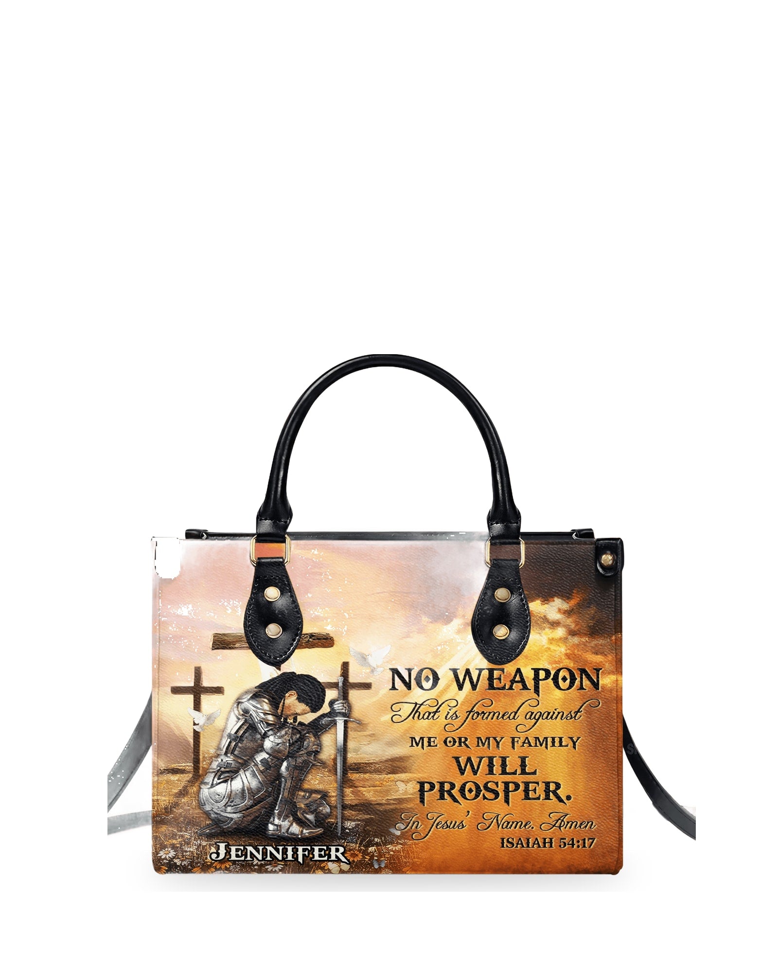 god beloved personalized woman warrior no weapon formed against us shall prosper isaiah 54 17 personalized leather handbag clgod03