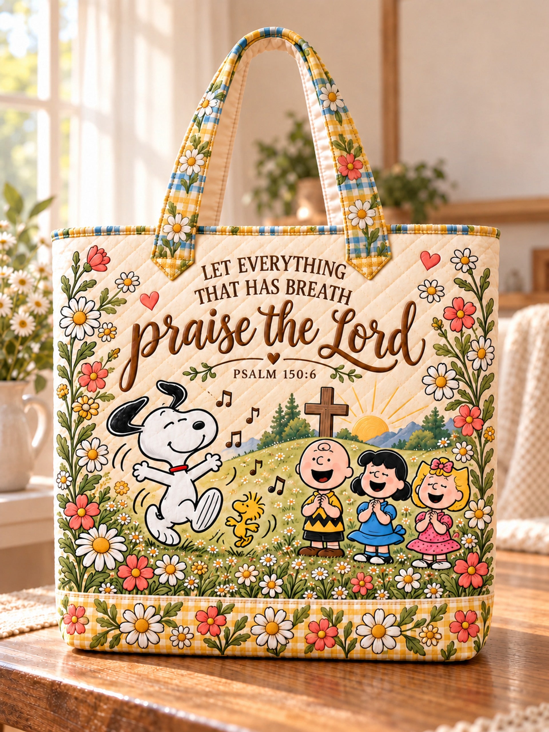 god beloved praise the lord psalm 150 6 nutty gang christian gift for her personalized quilted tote bag on table