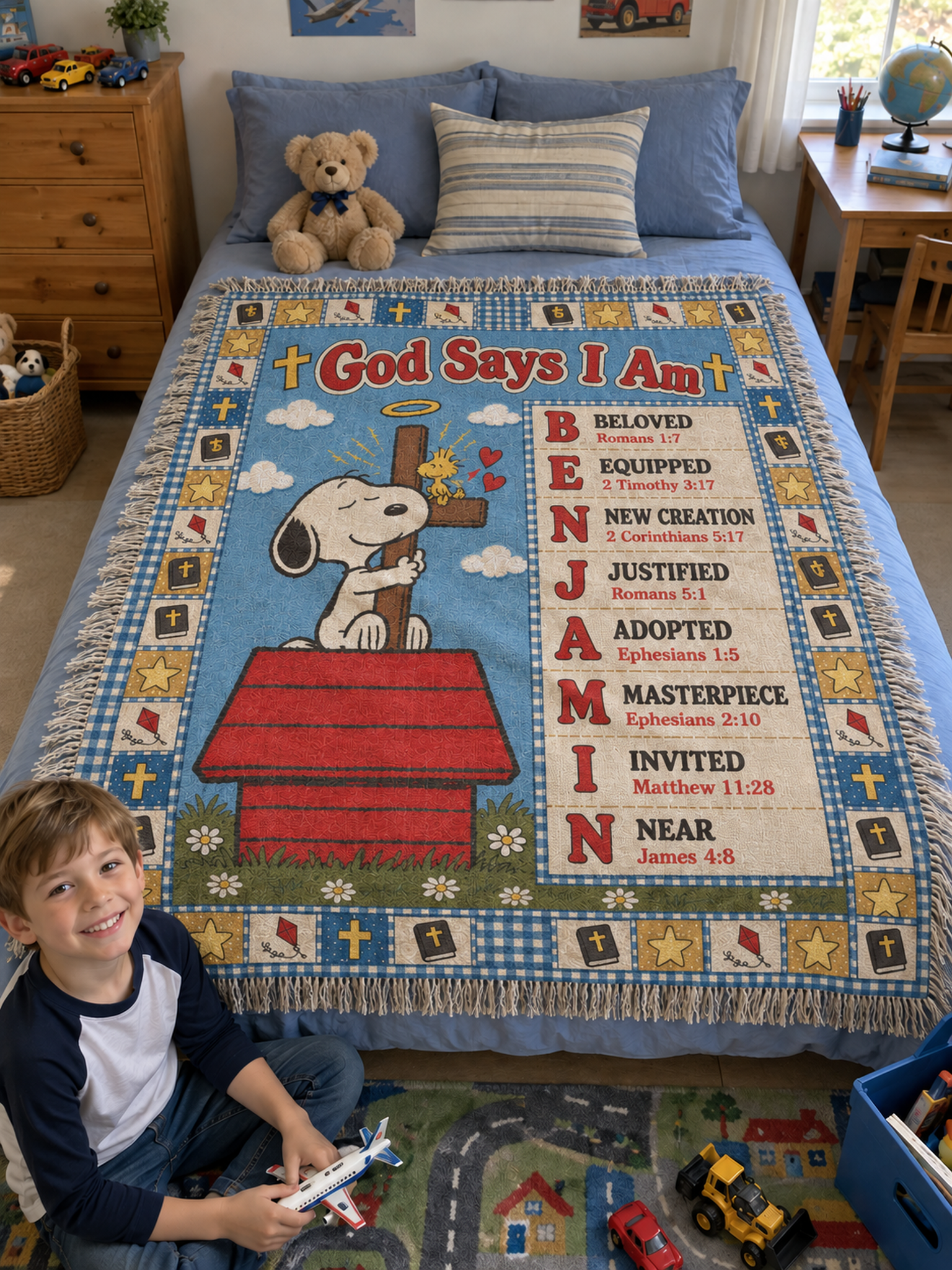 peanuts snoopy woven blanket god says i am personalized kids bedroom blue quilt m03_1ee38438 fe11 4aab b7bc d9237a44712e