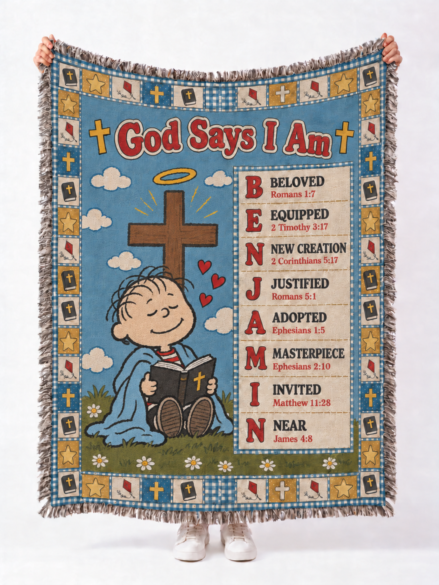 personalized peanuts linus woven blanket god says i am bible custom name blue quilt 04_46f819a0 2bd3 4a85 aec4 e864c23f0573