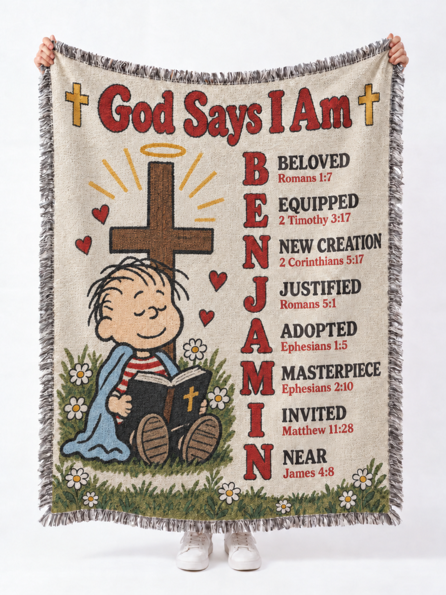 personalized peanuts linus woven blanket god says i am bible custom name cream vintage 04
