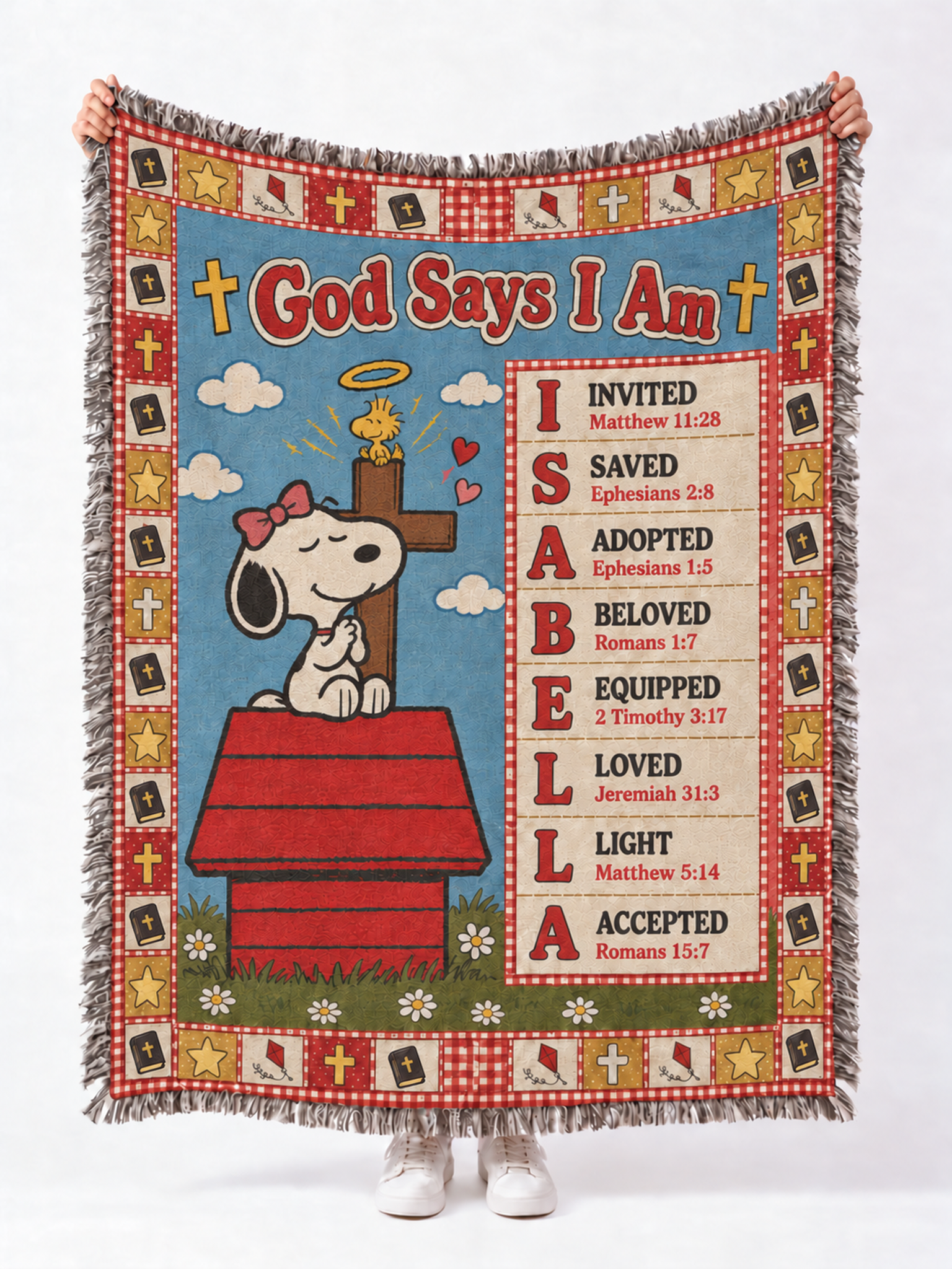personalized peanuts snoopy girl woven blanket god says i am praying custom name blue quilt 02