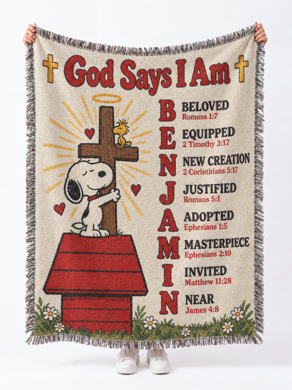 Personalized God Says I Am Blanket – Custom Name Bible Verse Woven Throw, Vintage Cartoon Christian Gift for Kids, Baptism & Christmas