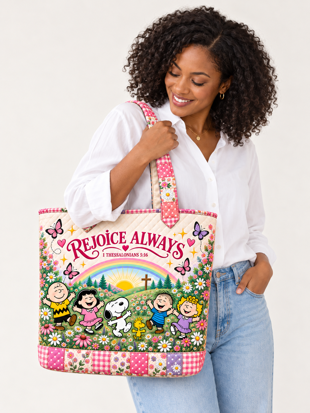 02 RejoiceAlwaysPeanutsQuiltedToteBag LifestyleModelMockup
