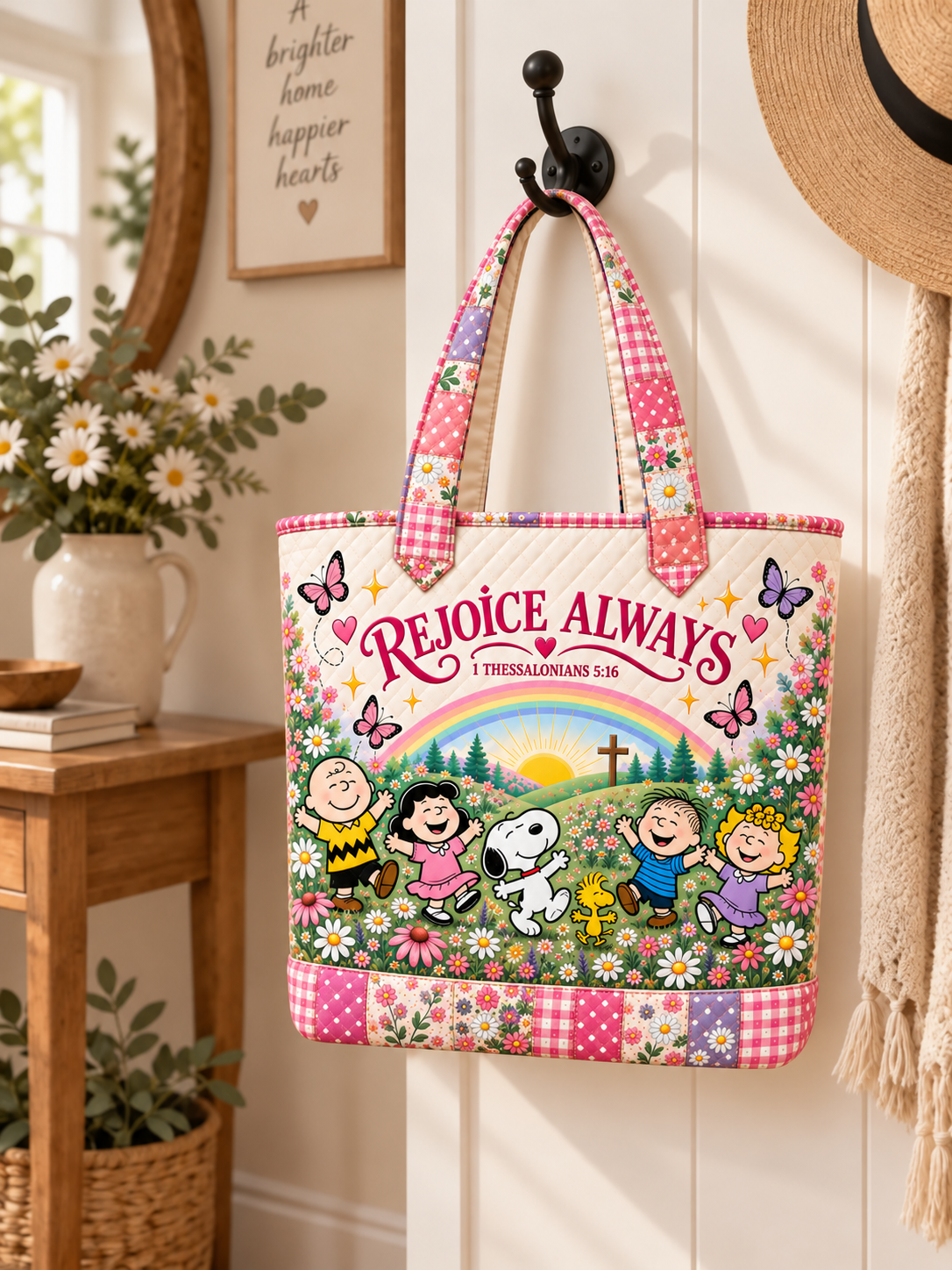 03 RejoiceAlwaysPeanutsQuiltedToteBag HangingHomeMockup
