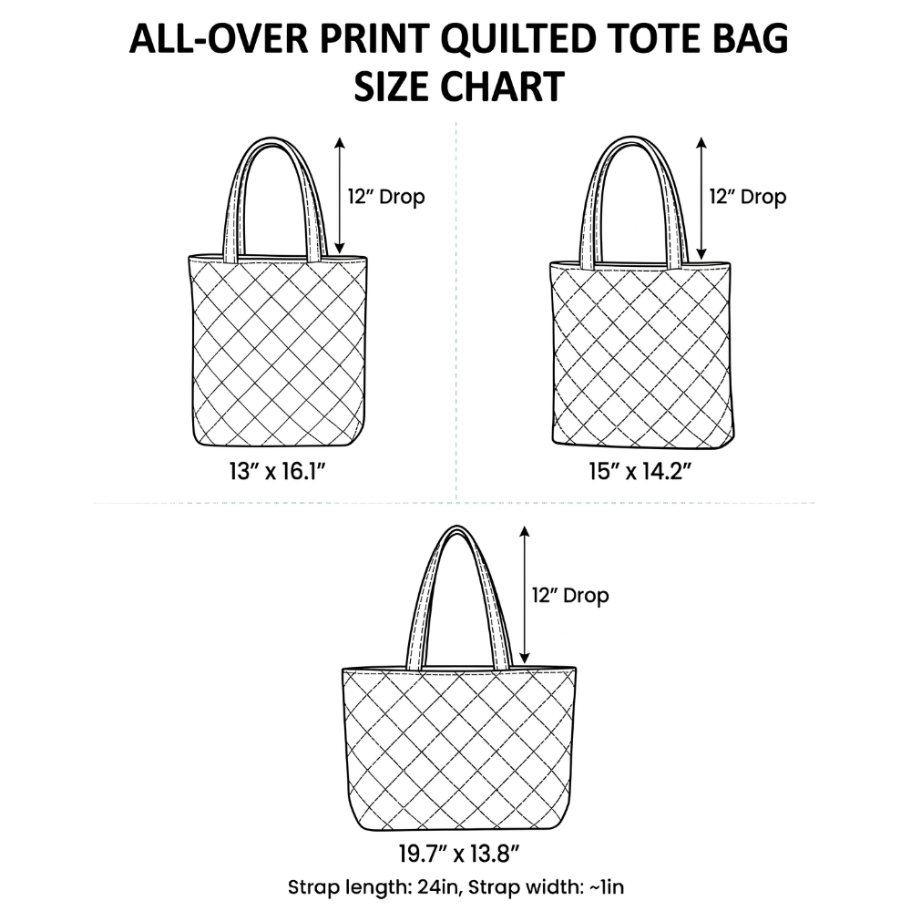 All-Over Print Quilted Tote Bag size chart: 13 x 16.1 in, 15 x 14.2 in, 19.7 x 13.8 in