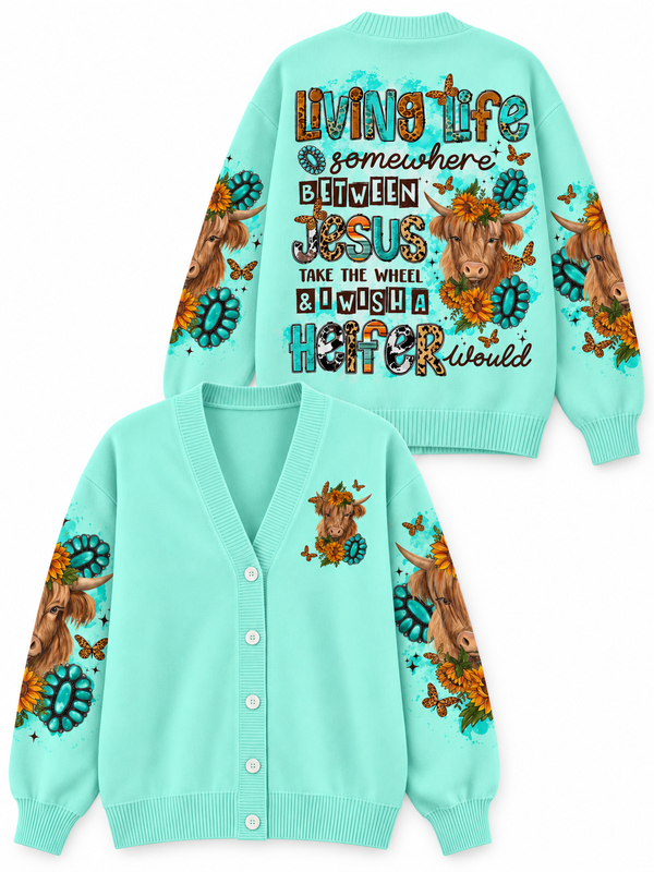 Living Life Somewhere Between Jesus Cow Gift For Her - Personalized Knitted Cardigan