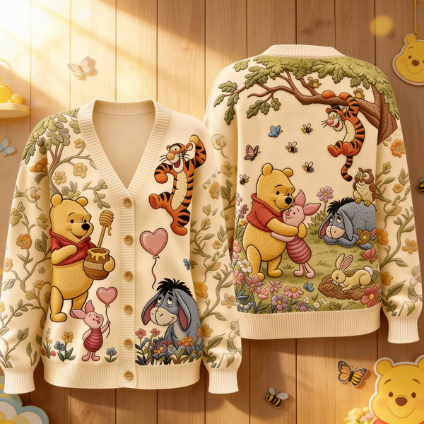 Honey Bear With Friends Custom Name For Her - Personalized Knitted Cardigan