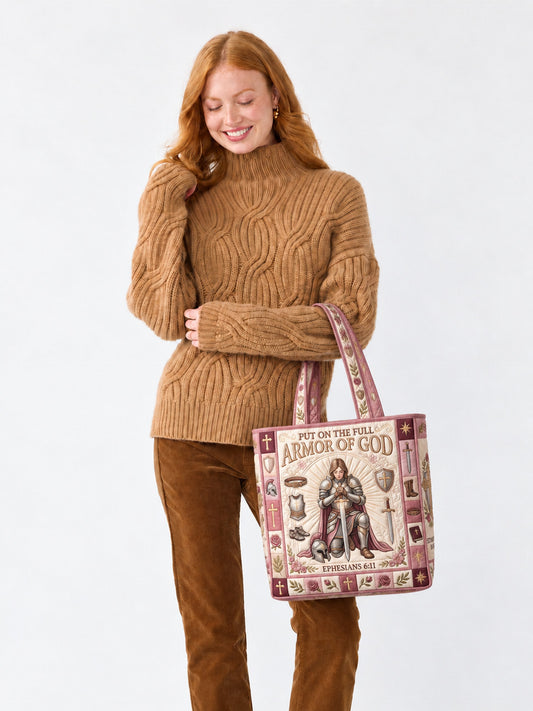 god beloved armor of god ephesians 6 11 woman warrior christian gift for her personalized quilted tote bag lifestyle