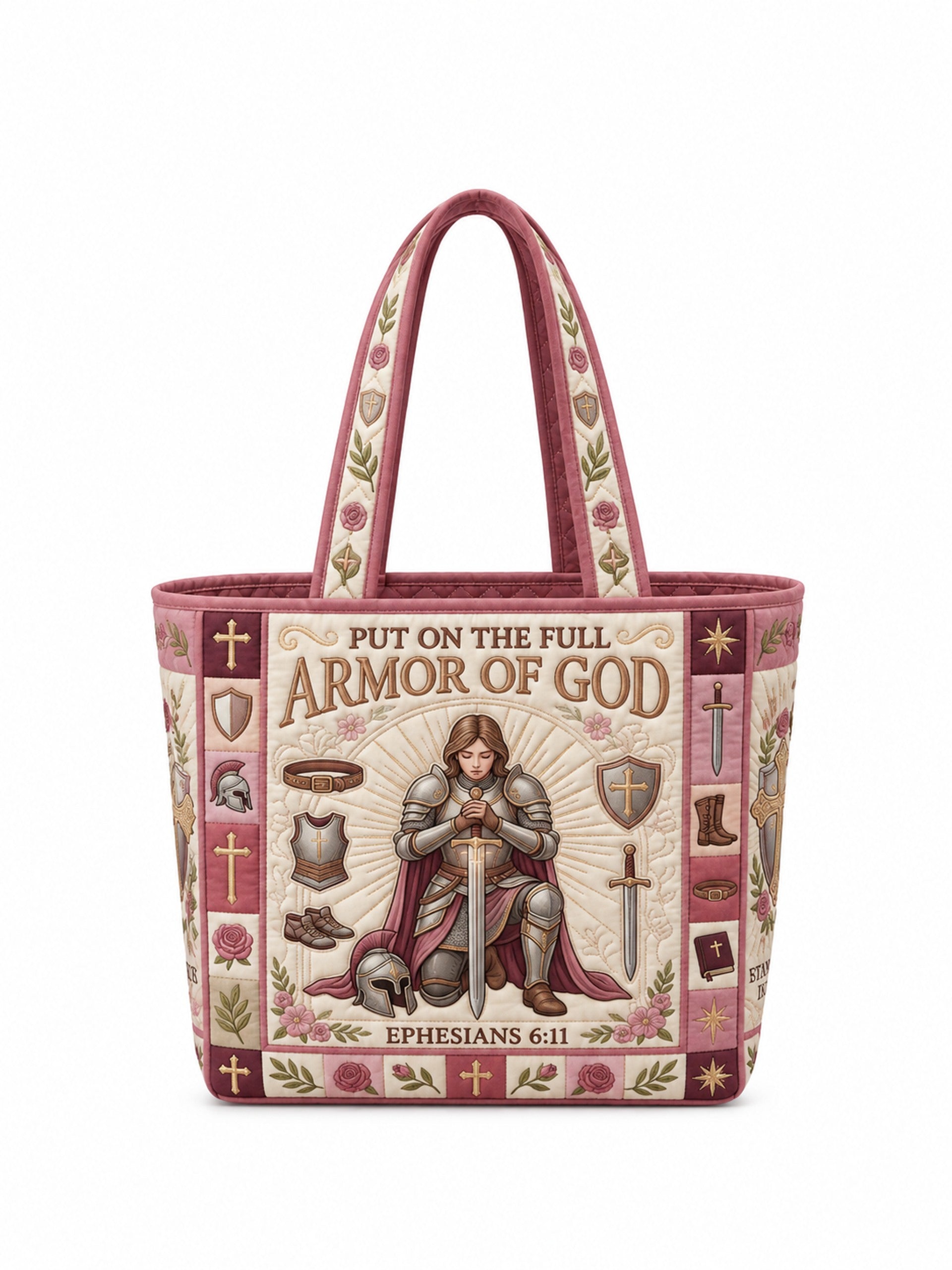 god beloved armor of god ephesians 6 11 woman warrior christian gift for her personalized quilted tote bag