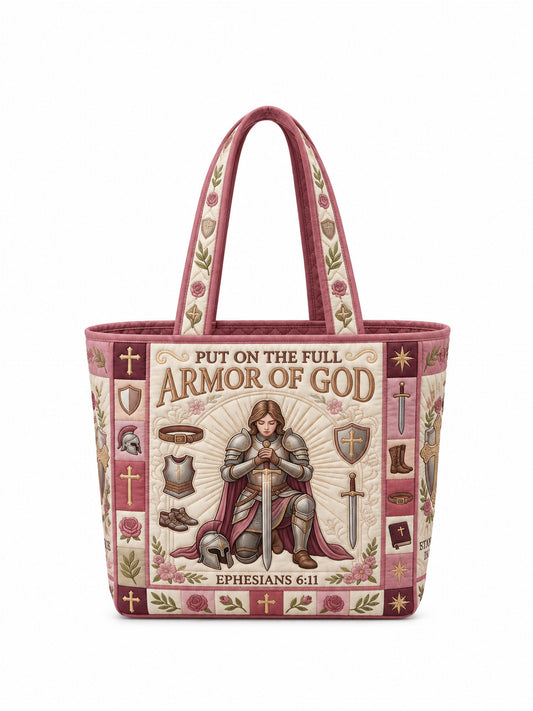 god beloved armor of god ephesians 6 11 woman warrior christian gift for her personalized quilted tote bag
