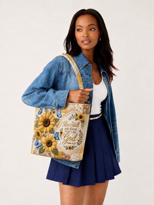 god beloved be still and know psalm 46 10 sunflower christian gift for her personalized quilted tote bag lifestyle