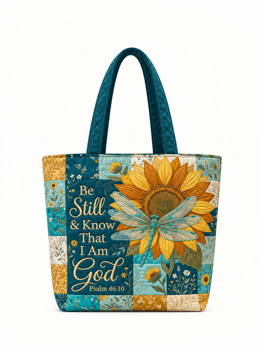 god beloved be still and know psalm 46 10 sunflower dragonfly gift for her personalized quilted tote bag