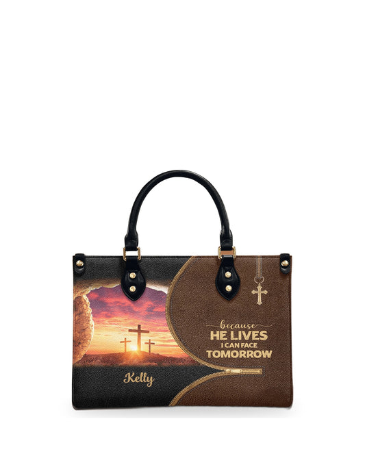 god beloved because he lives i can face tomorrow scripture gifts for women of god personalized leather handbag at4080710