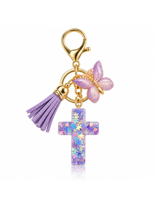 god beloved butterfly grace resin cross bag charm lilac shimmer