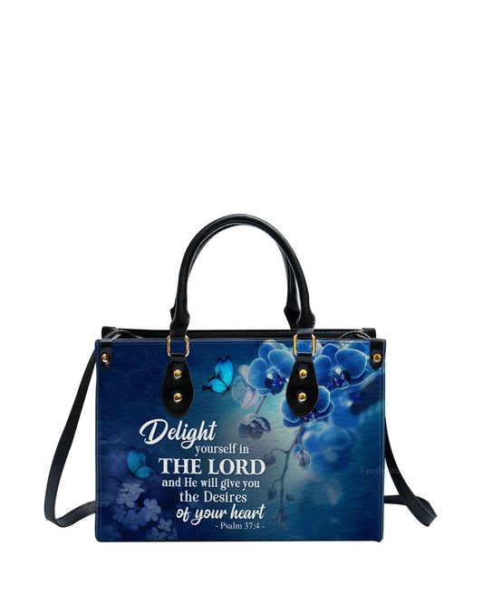 god beloved delight yourself in the lord psalm 374 blue orchids and lilac thoughtful gift for christians personalized leather handbag at4080922