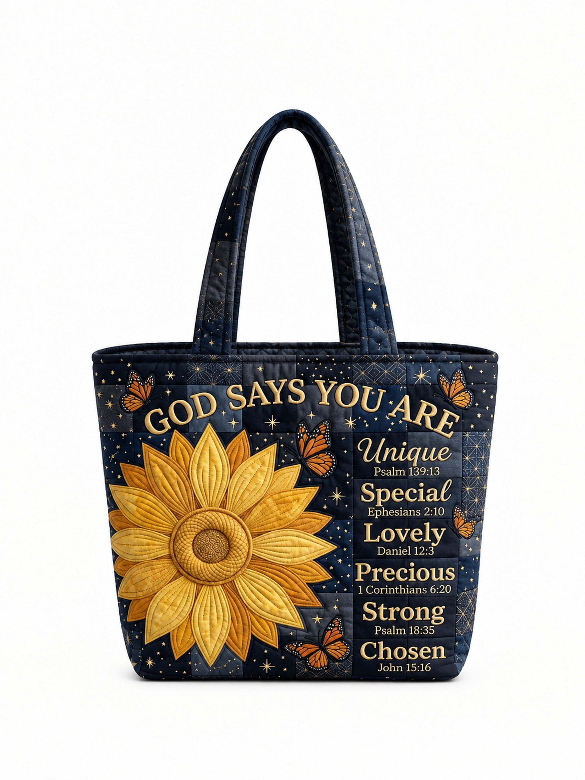 god beloved god says you are sunflower butterfly bible verse gift for her personalized quilted tote bag