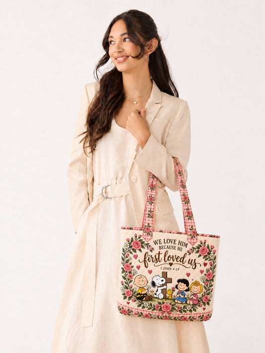 god beloved he first loved us 1 john 4 19 nutty gang christian gift for her personalized quilted tote bag lifestyle