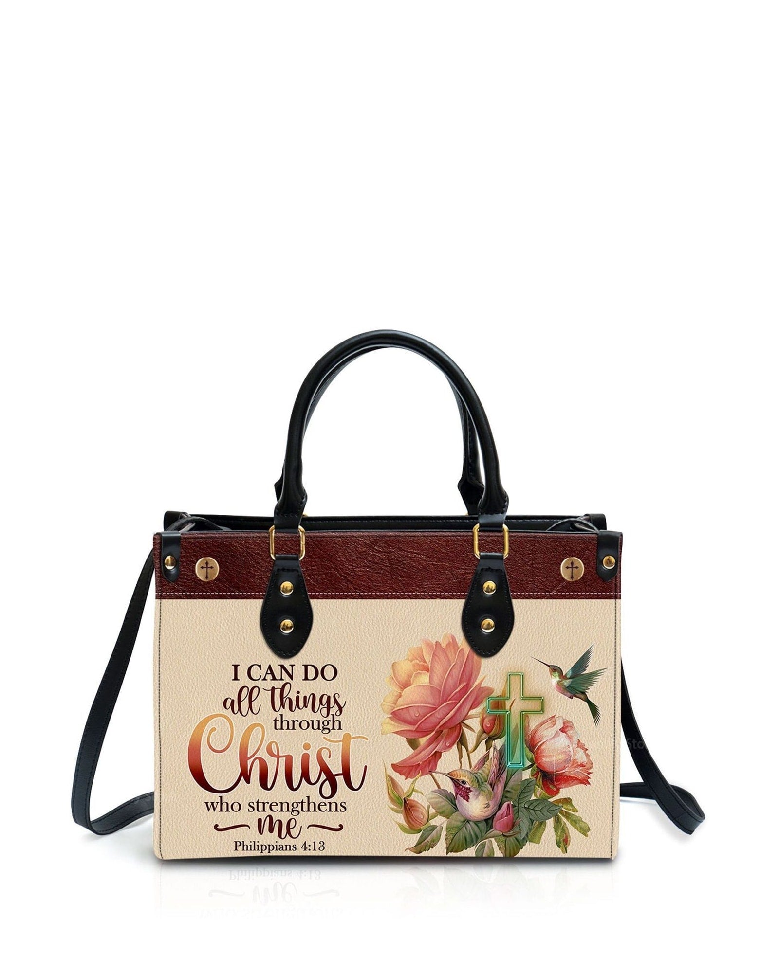 god beloved i can do all things through christ philippians 413 humming bird and cross thoughtful gift for christians personalized leather handbag at4080923