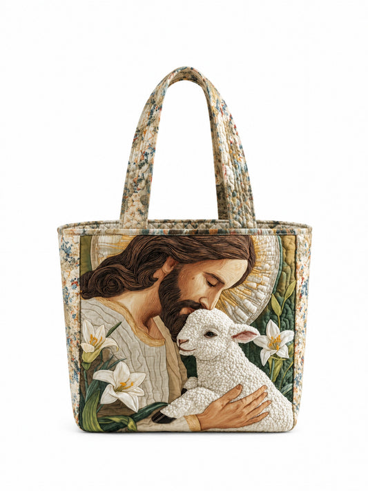 god beloved jesus good shepherd holding lamb easter lily christian gift for her personalized quilted tote bag