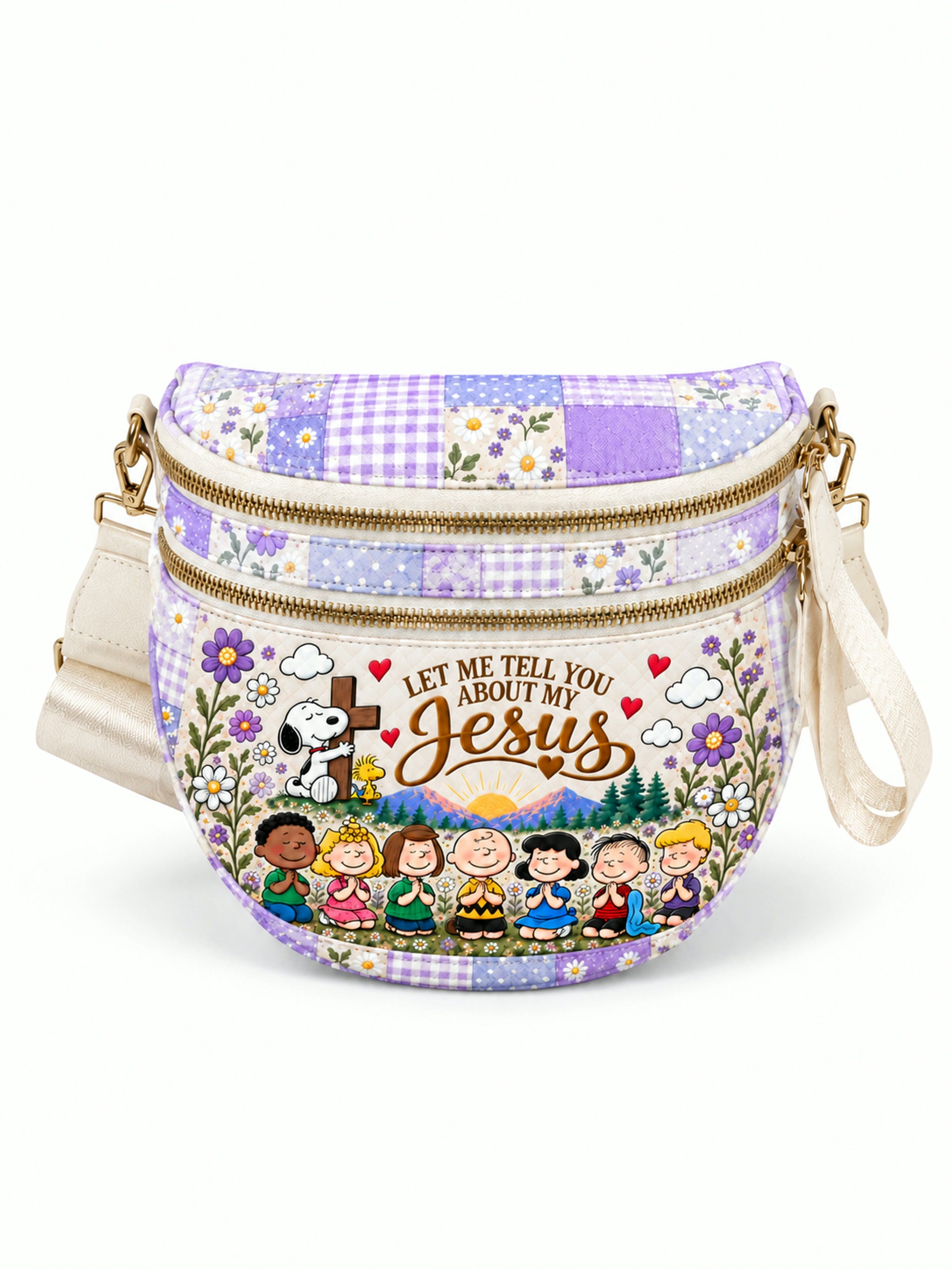 god beloved let me tell you about my jesus floral garden crossbody bag lavender