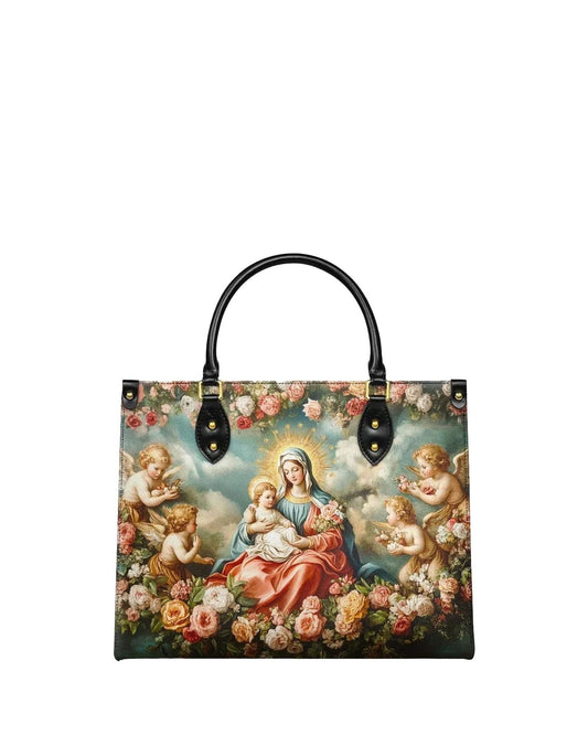 god beloved madonna and child angel halo of roses christian leather handbag