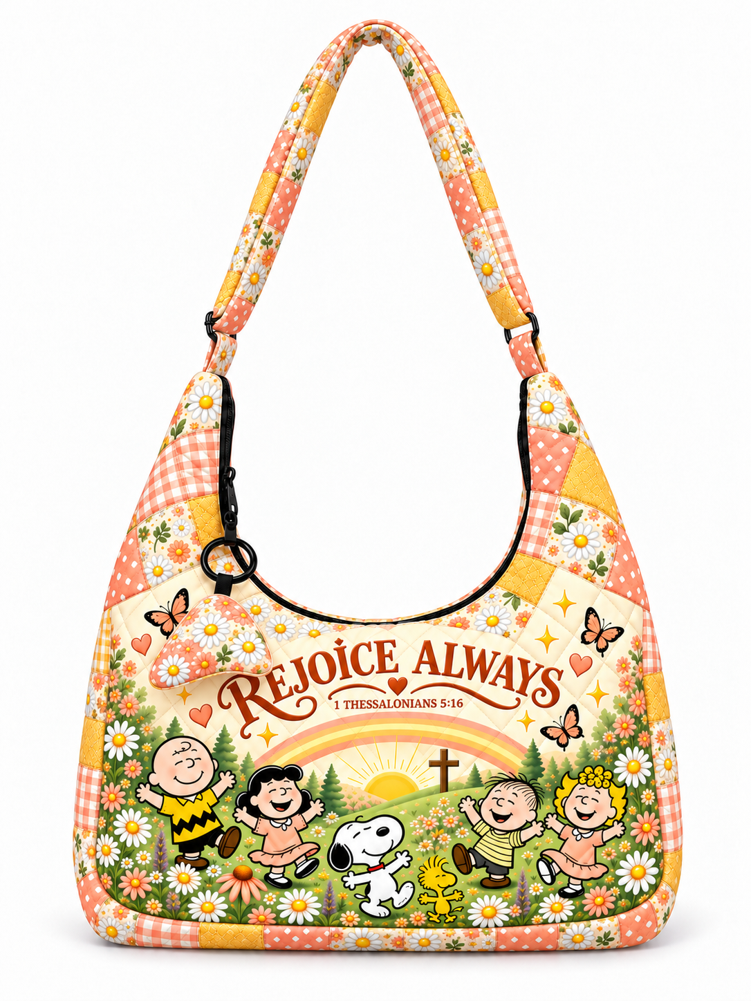god beloved rejoice always 1 thessalonians 5 16 gift for her quilted hobo shoulder bag butter yellow