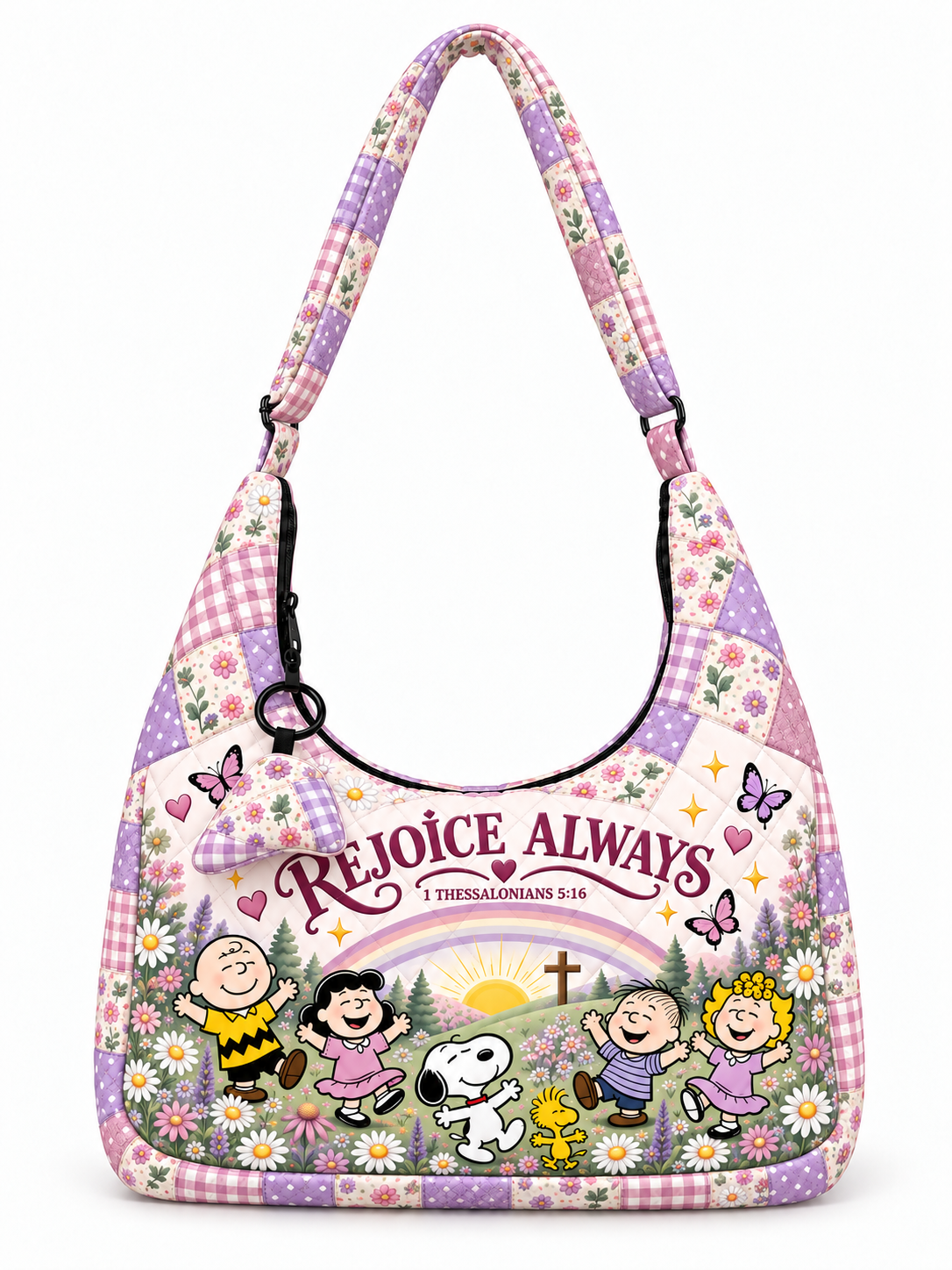 god beloved rejoice always 1 thessalonians 5 16 gift for her quilted hobo shoulder bag lavender rose