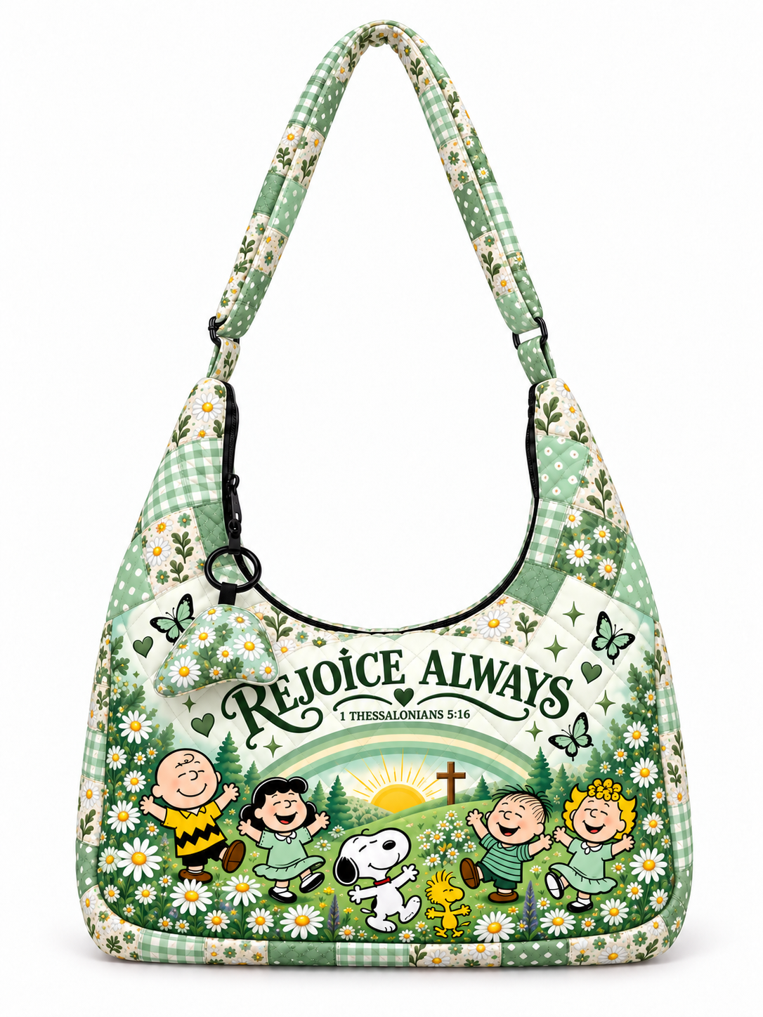 god beloved rejoice always 1 thessalonians 5 16 gift for her quilted hobo shoulder bag mint sage