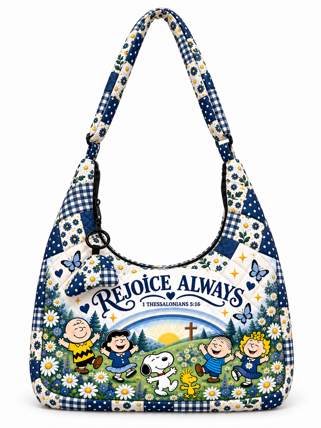 god beloved rejoice always 1 thessalonians 5 16 gift for her quilted hobo shoulder bag navy ivory