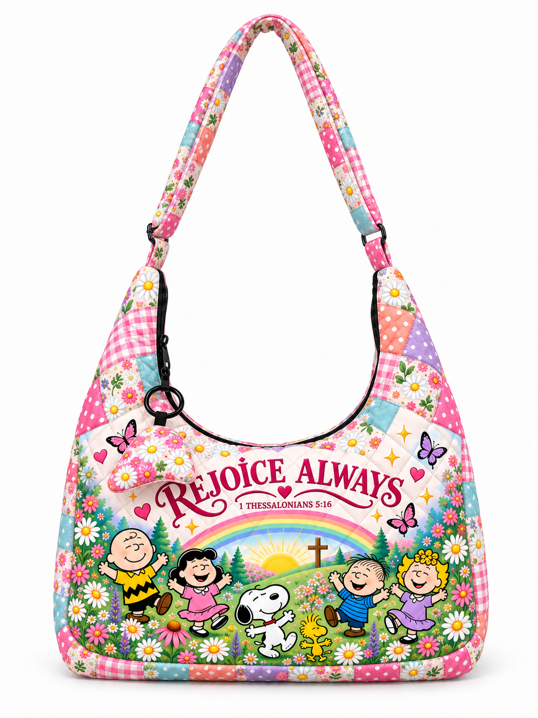god beloved rejoice always 1 thessalonians 5 16 gift for her quilted hobo shoulder bag pink floral