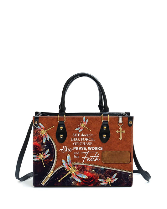 god beloved she prays works and has faith pretty dragonfly unique personalized leather handbag at4081413