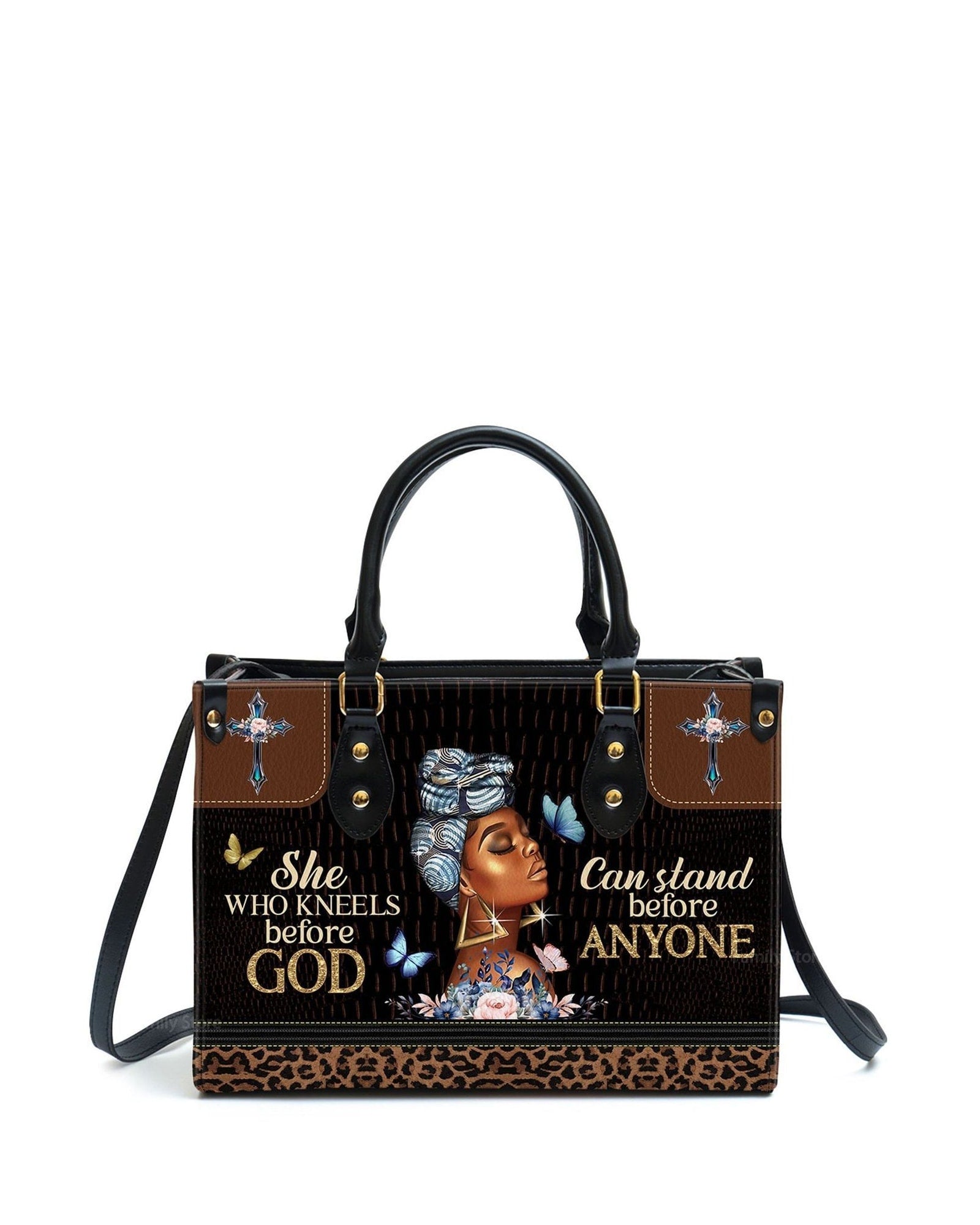 god beloved she who kneels before god can stand before anyone personalized leather handbag at4081456