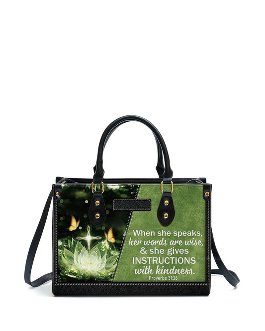 god beloved when she speaks her words are wise thoughtful gift for christians personalized leather handbag at4080807