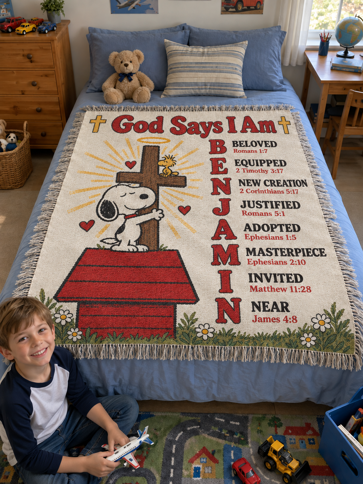 peanuts snoopy woven blanket god says i am personalized kids bedroom cream vintage m03