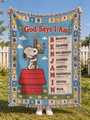 peanuts snoopy woven blanket god says i am personalized outdoor mockup blue quilt m01_255a7a79 682c 4197 8958 57b0aa8b6c9b