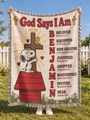 peanuts snoopy woven blanket god says i am personalized outdoor mockup cream vintage m01