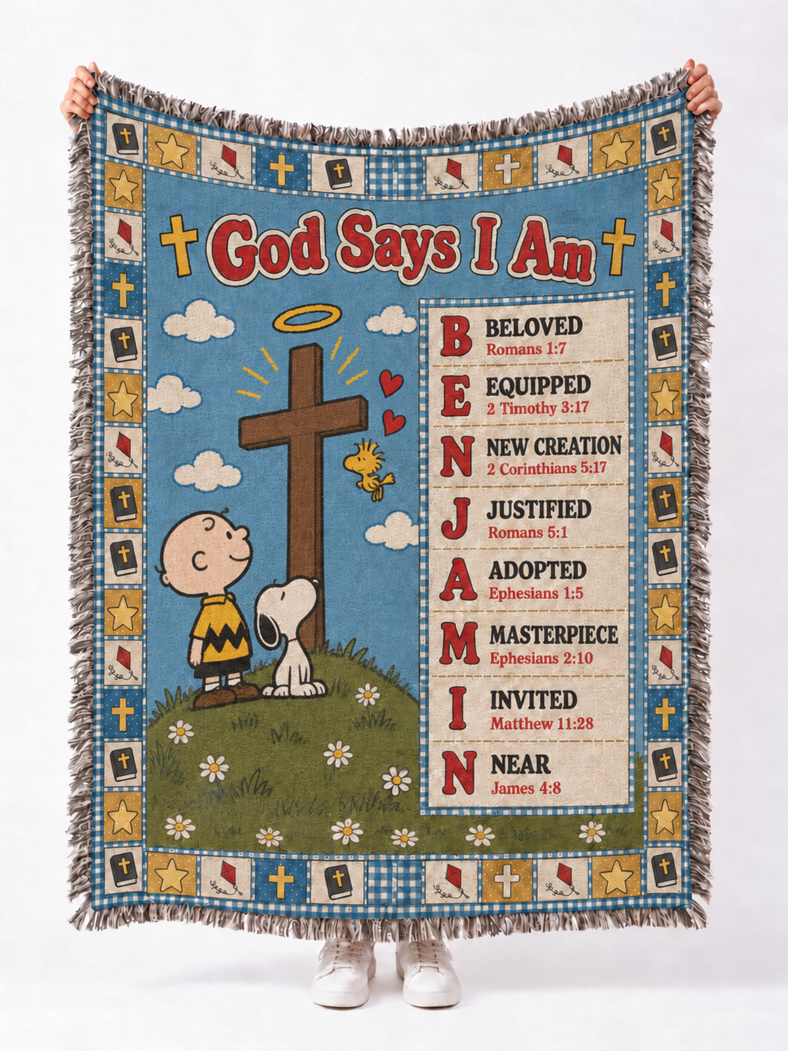 personalized peanuts charlie brown snoopy woven blanket god says i am cross custom name blue quilt 03_cad8e66b f1ac 481d 86e3 f95ab687a9c9
