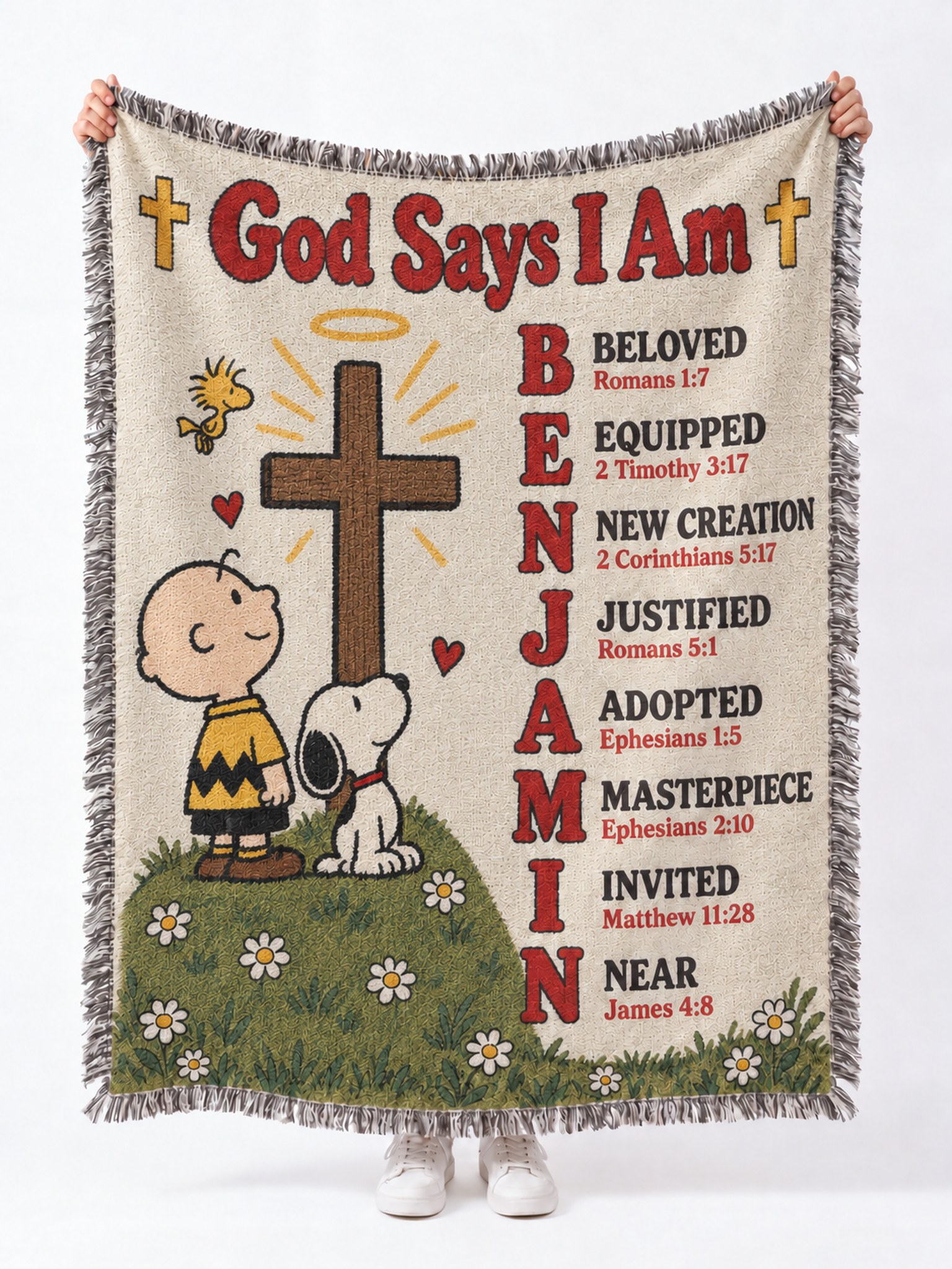 personalized peanuts charlie brown snoopy woven blanket god says i am cross custom name cream vintage 03
