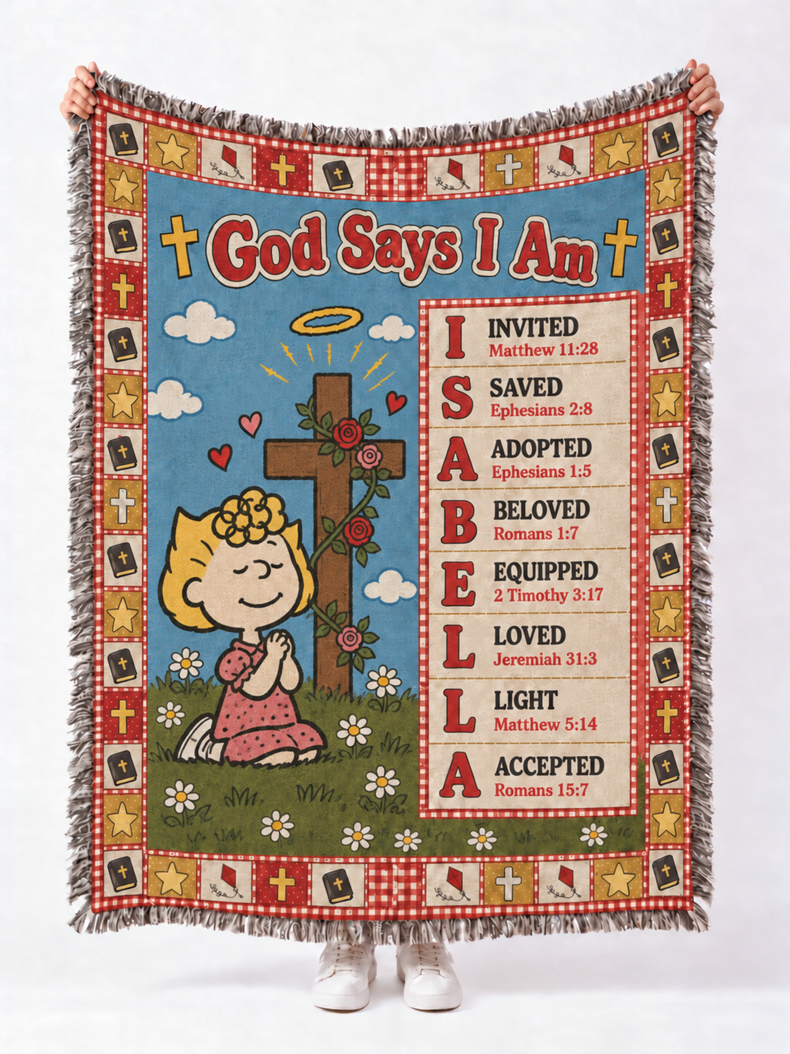 personalized peanuts sally woven blanket god says i am praying custom name blue quilt 05