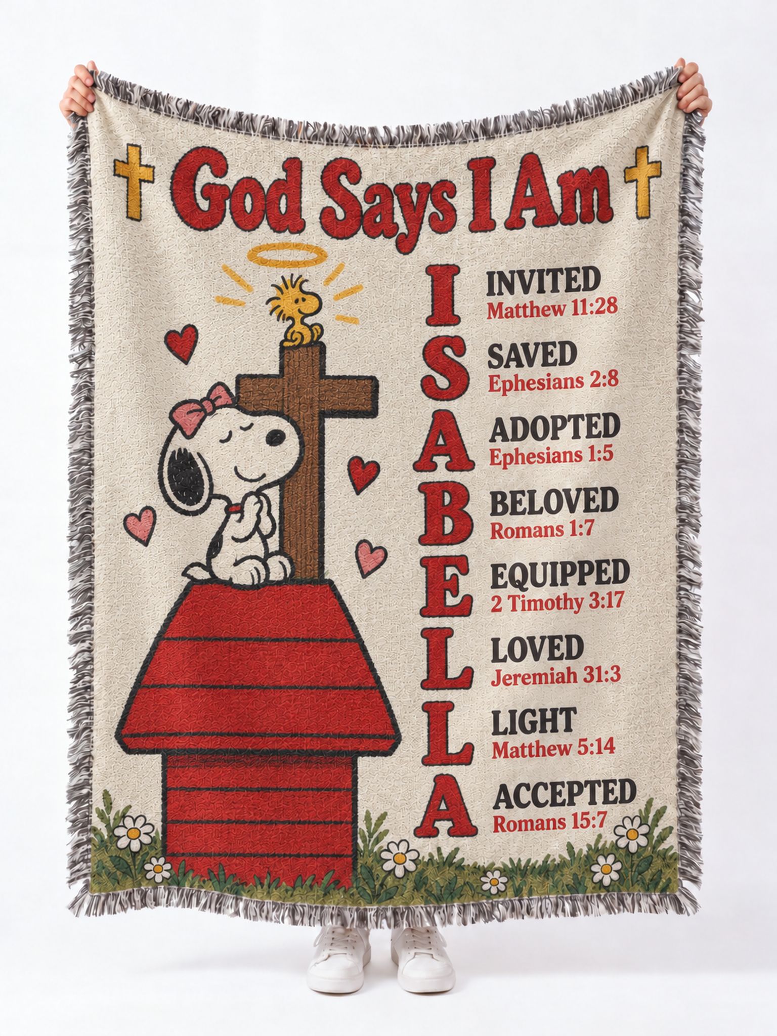 personalized peanuts snoopy girl woven blanket god says i am praying custom name cream vintage 02